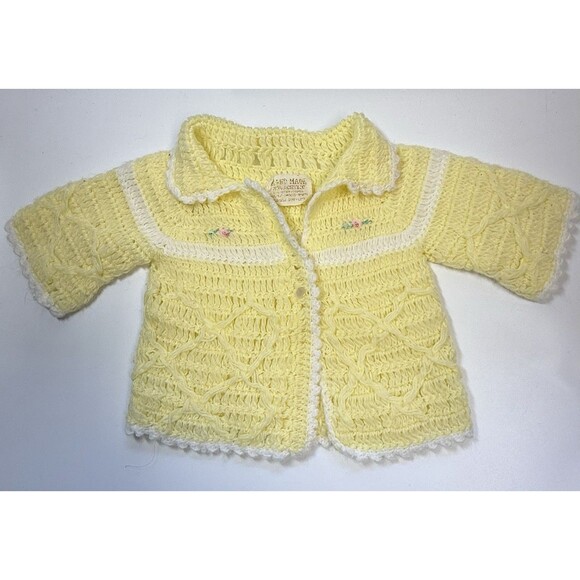 Vintage Handmade Acrylic Crochet Yellow Baby Cardigan Sweater - Picture 1 of 7